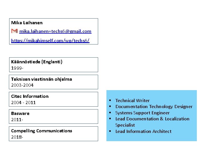 Mika Laihanen mika. laihanen+techs 6@gmail. com https: //mikahimself. com/wp/techs 6/ Käännöstiede (Englanti) 1999 Teknisen