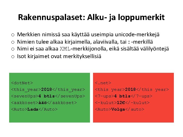 Rakennuspalaset: Alku- ja loppumerkit o o Merkkien nimissä saa käyttää useimpia unicode-merkkejä Nimien tulee