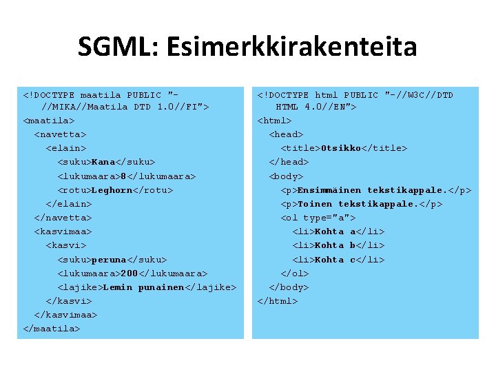 SGML: Esimerkkirakenteita <!DOCTYPE maatila PUBLIC "//MIKA//Maatila DTD 1. 0//FI"> <maatila> <navetta> <elain> <suku>Kana</suku> <lukumaara>8</lukumaara>