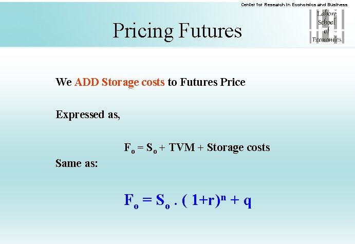 Center for Research in Economics and Business Pricing Futures We ADD Storage costs to