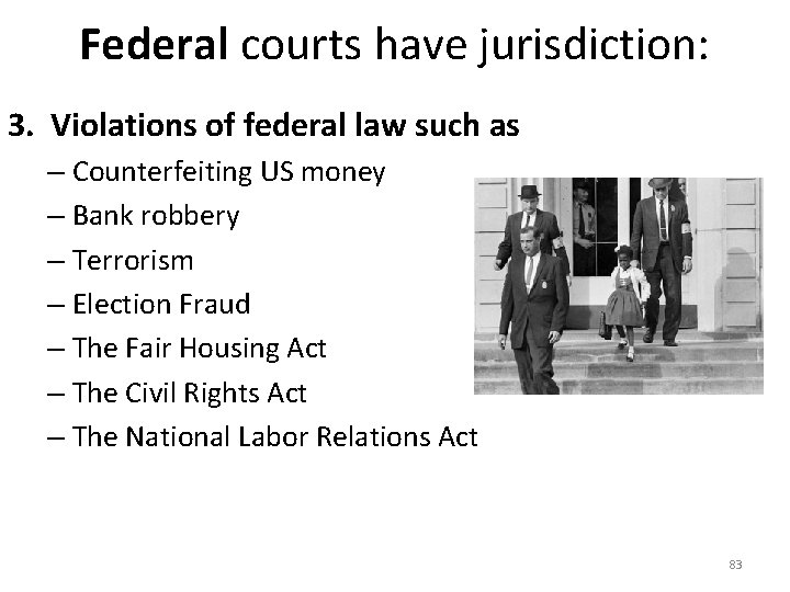 Federal courts have jurisdiction: 3. Violations of federal law such as – Counterfeiting US