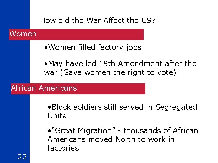 How did the War Affect the US? Women • Women filled factory jobs •