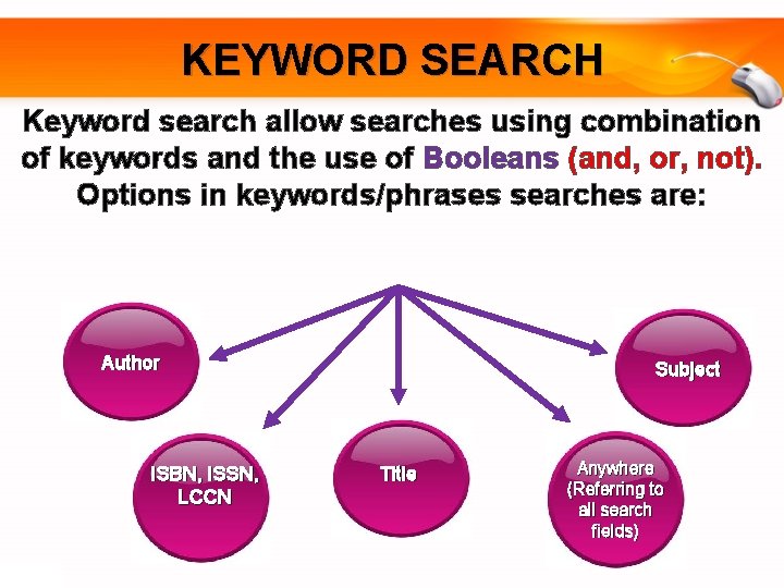 KEYWORD SEARCH Keyword search allow searches using combination of keywords and the use of