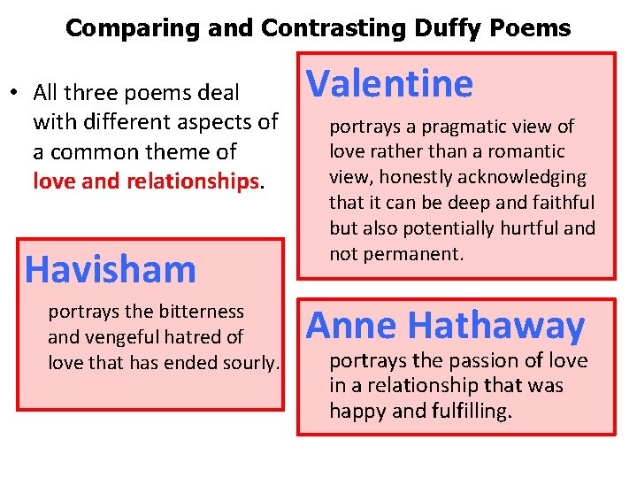 Comparing and Contrasting Duffy Poems • All three poems deal with different aspects of Comparing and Contrasting Duffy Poems • All three poems deal with different aspects of