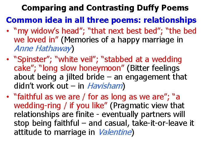 Comparing and Contrasting Duffy Poems Common idea in all three poems: relationships • “my Comparing and Contrasting Duffy Poems Common idea in all three poems: relationships • “my