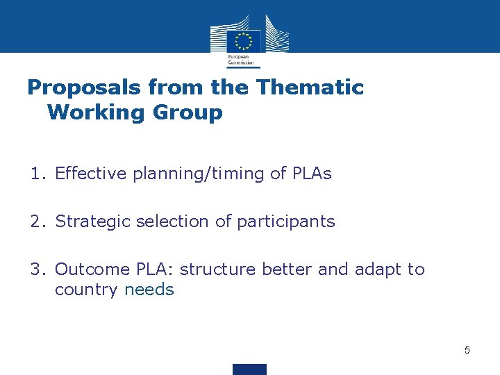 Proposals from the Thematic Working Group 1. Effective planning/timing of PLAs 2. Strategic selection