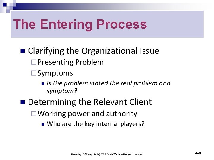 The Entering Process n Clarifying the Organizational Issue ¨ Presenting Problem ¨ Symptoms n