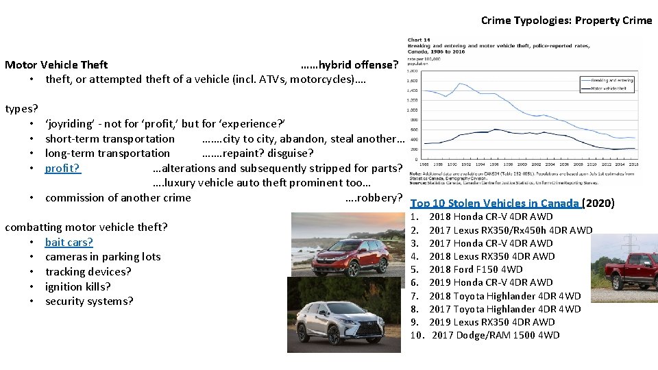 Crime Typologies: Property Crime Motor Vehicle Theft ……hybrid offense? • theft, or attempted theft