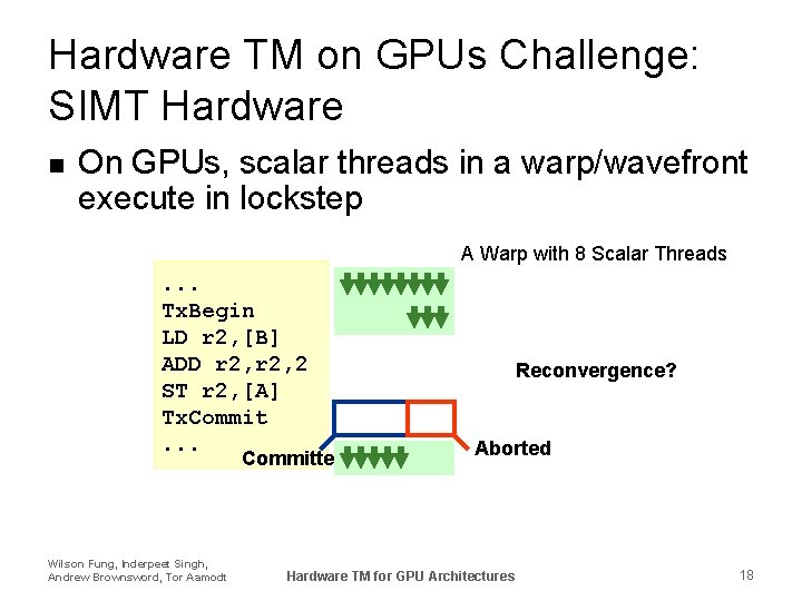 Hardware TM on GPUs Challenge: SIMT Hardware n On GPUs, scalar threads in a