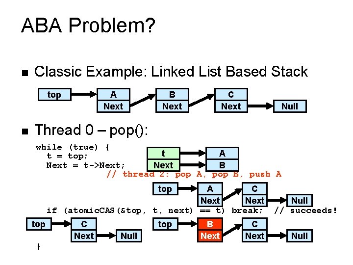 ABA Problem? n Classic Example: Linked List Based Stack top n A Next B