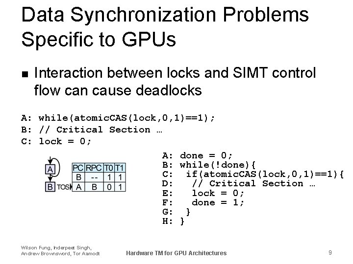 Data Synchronization Problems Specific to GPUs n Interaction between locks and SIMT control flow