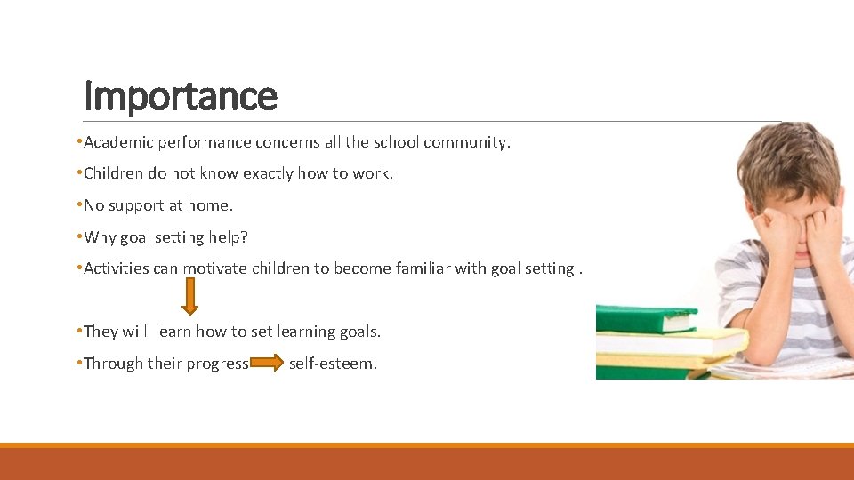 Importance • Academic performance concerns all the school community. • Children do not know Importance • Academic performance concerns all the school community. • Children do not know
