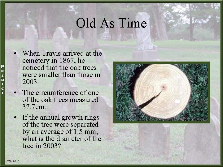 Old As Time • When Travis arrived at the cemetery in 1867, he noticed