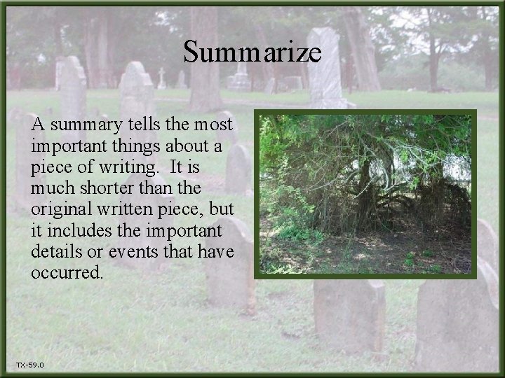 Summarize A summary tells the most important things about a piece of writing. It