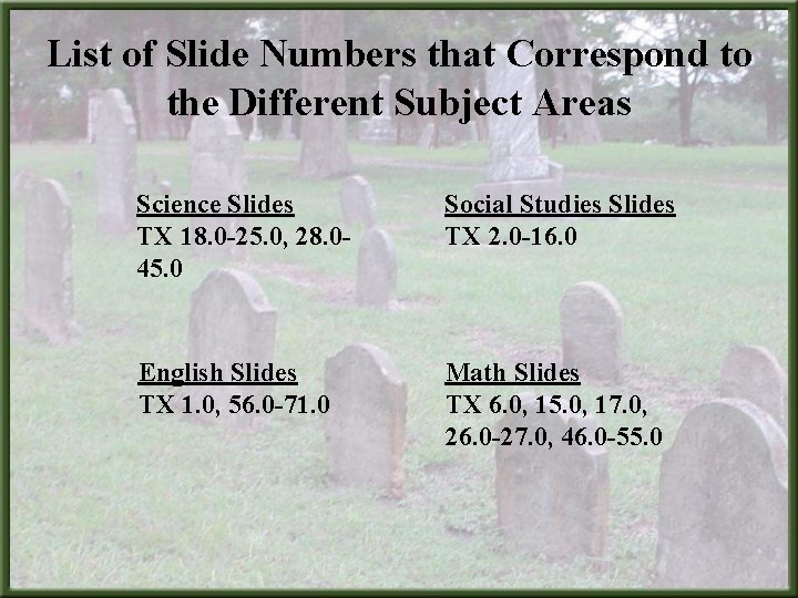 List of Slide Numbers that Correspond to the Different Subject Areas Science Slides TX