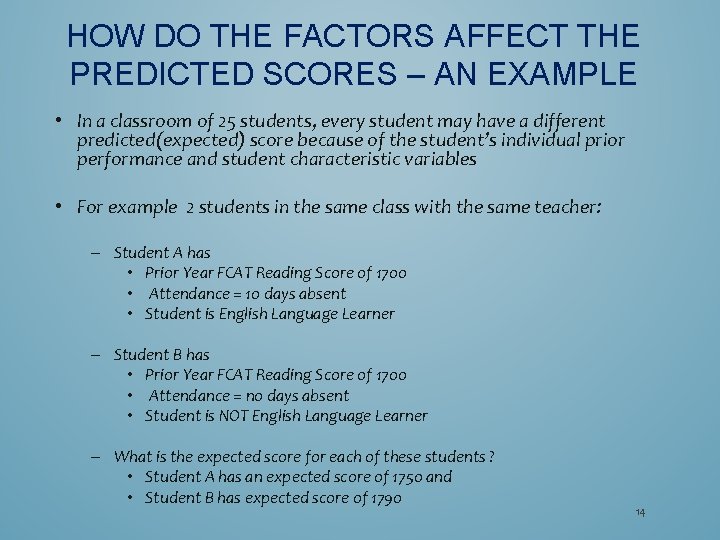 HOW DO THE FACTORS AFFECT THE PREDICTED SCORES – AN EXAMPLE • In a