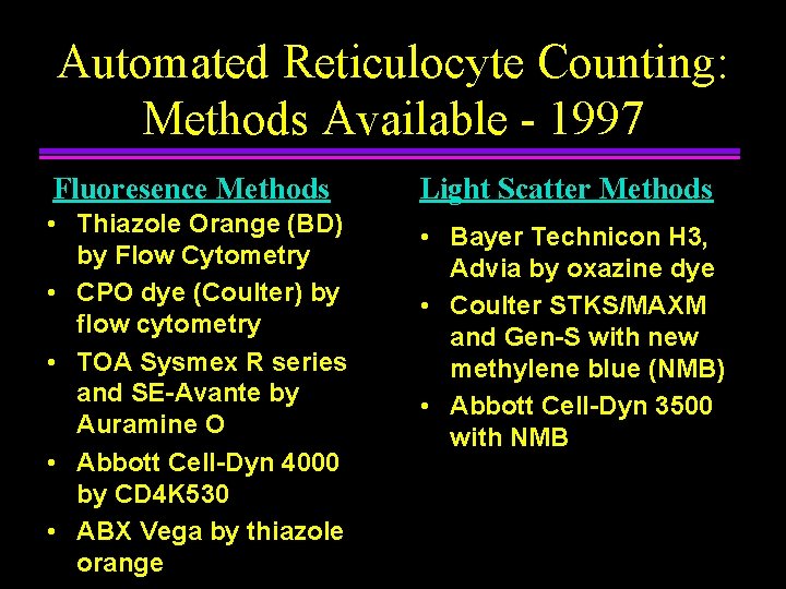 Automated Reticulocyte Counting: Methods Available - 1997 Fluoresence Methods Light Scatter Methods • Thiazole