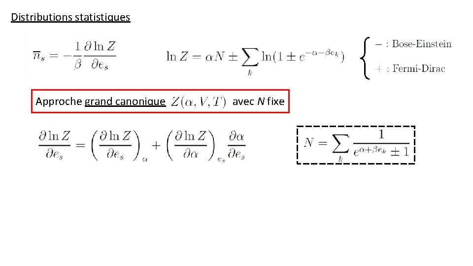 Distributions statistiques Approche grand canonique avec N fixe 