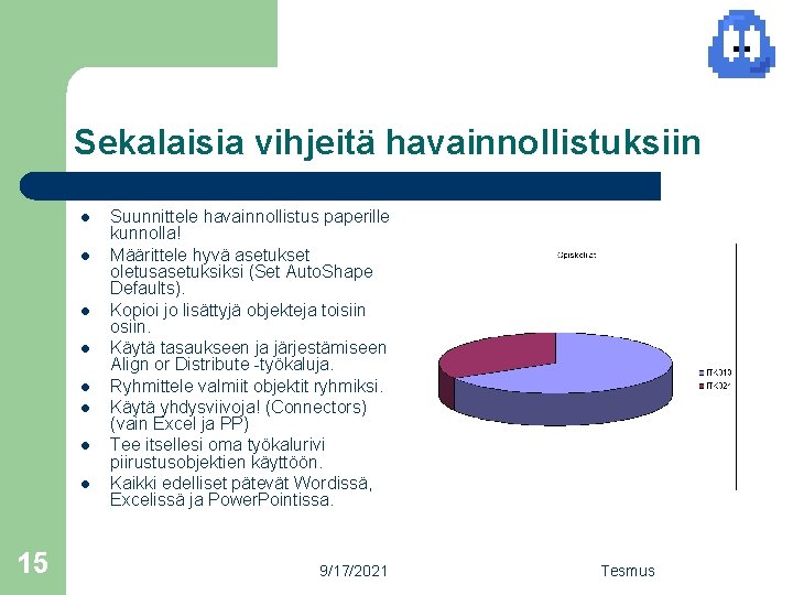 Sekalaisia vihjeitä havainnollistuksiin l l l l 15 Suunnittele havainnollistus paperille kunnolla! Määrittele hyvä