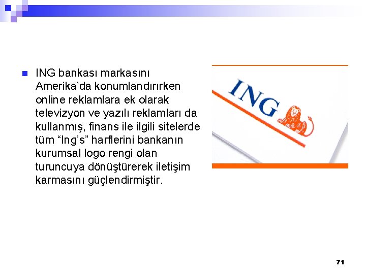 n ING bankası markasını Amerika’da konumlandırırken online reklamlara ek olarak televizyon ve yazılı reklamları