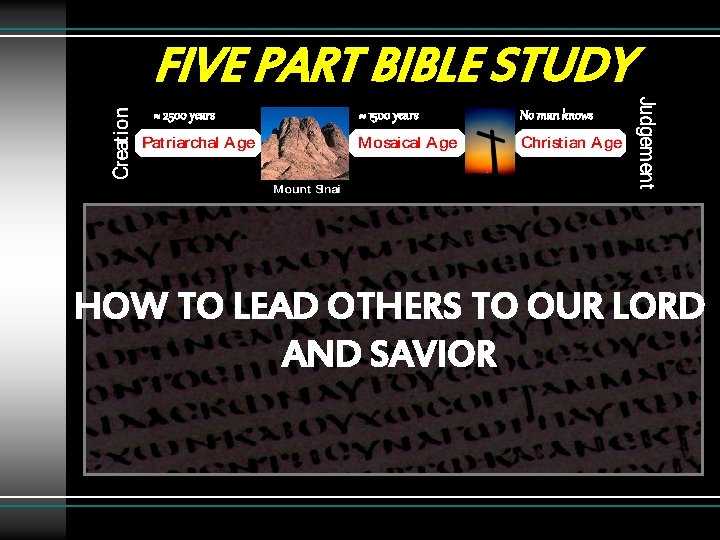 FIVE PART BIBLE STUDY ≈ 2500 years ≈ 1500 years No man knows HOW