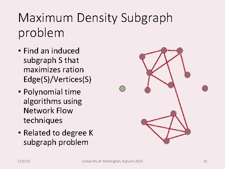 Maximum Density Subgraph problem • Find an induced subgraph S that maximizes ration Edge(S)/Vertices(S)