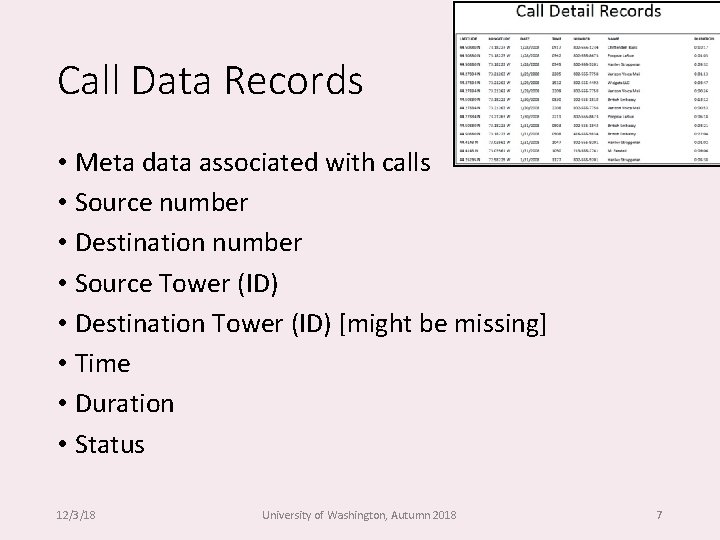 Call Data Records • Meta data associated with calls • Source number • Destination