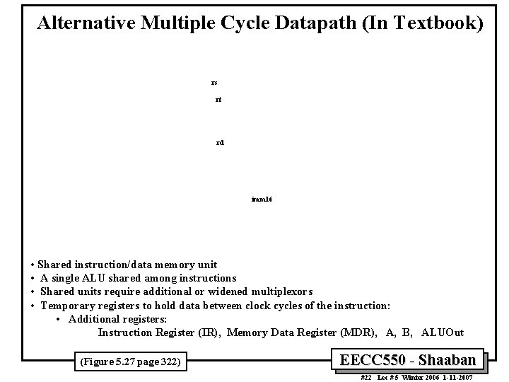 Alternative Multiple Cycle Datapath (In Textbook) rs rt rd imm 16 • Shared instruction/data