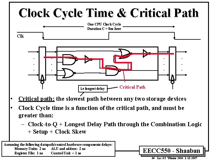 Clock Cycle Time & Critical Path One CPU Clock Cycle Duration C = 8