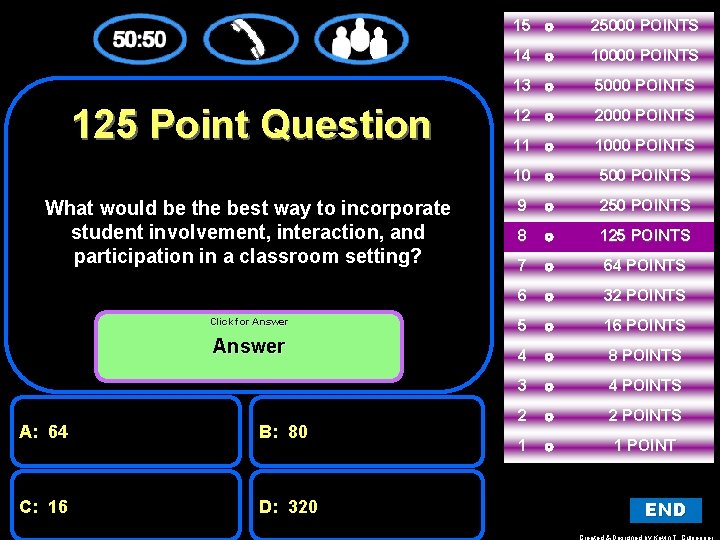 125 Point Question What would be the best way to incorporate student involvement, interaction,