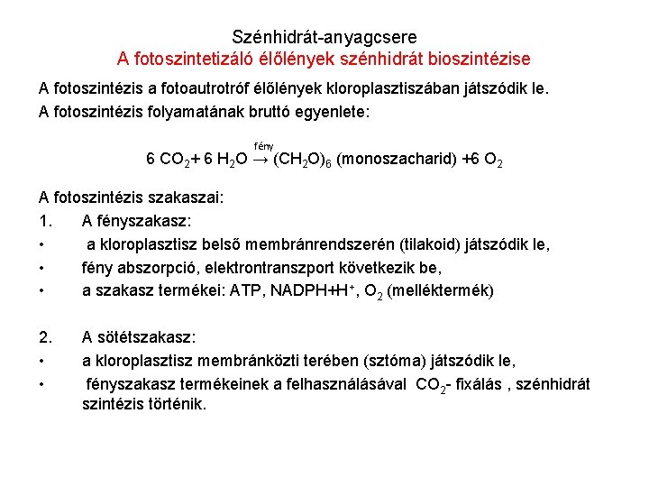 Szénhidrát-anyagcsere A fotoszintetizáló élőlények szénhidrát bioszintézise A fotoszintézis a fotoautrotróf élőlények kloroplasztiszában játszódik le.