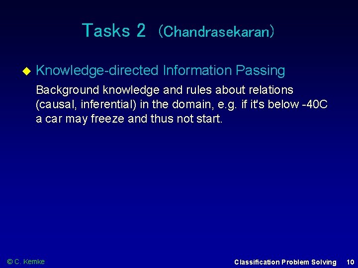 Tasks 2 (Chandrasekaran) Knowledge-directed Information Passing Background knowledge and rules about relations (causal, inferential)