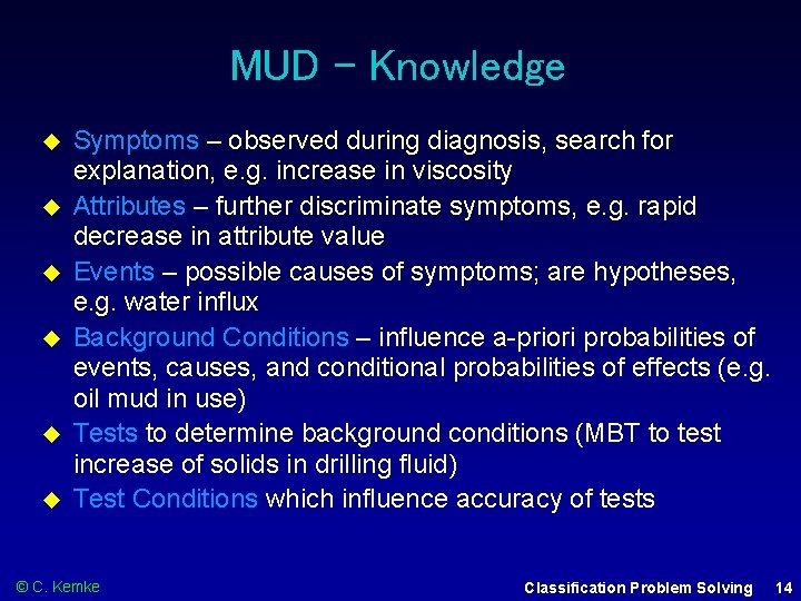 MUD – Knowledge Symptoms – observed during diagnosis, search for explanation, e. g. increase
