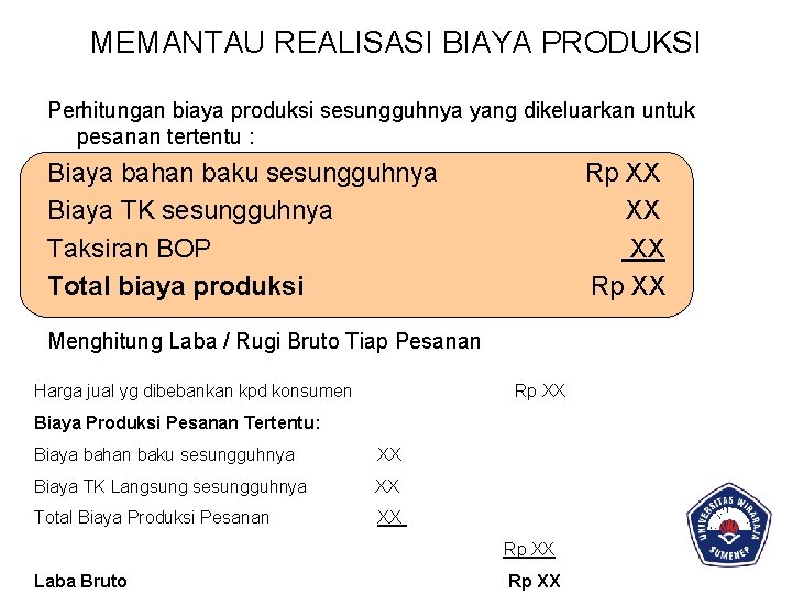 MEMANTAU REALISASI BIAYA PRODUKSI Perhitungan biaya produksi sesungguhnya yang dikeluarkan untuk pesanan tertentu :