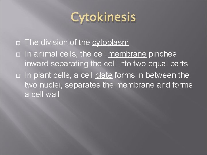 Cytokinesis The division of the cytoplasm In animal cells, the cell membrane pinches inward