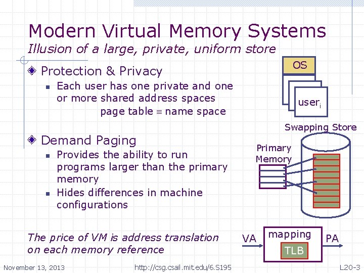 Modern Virtual Memory Systems Illusion of a large, private, uniform store OS Protection &