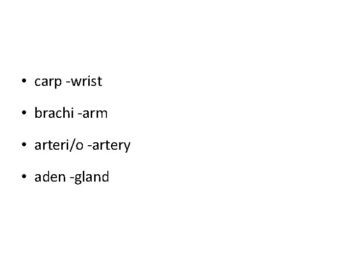 • carp -wrist • brachi -arm • arteri/o -artery • aden -gland • carp -wrist • brachi -arm • arteri/o -artery • aden -gland