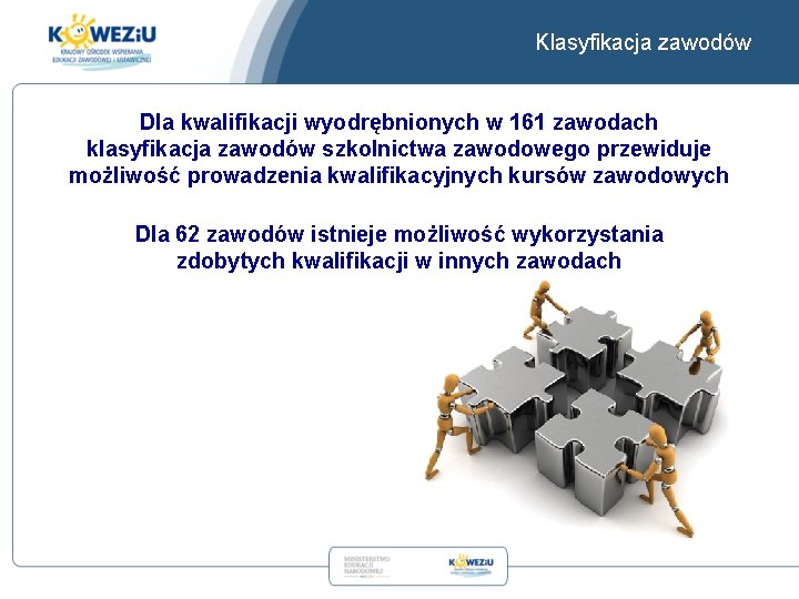 Klasyfikacja zawodów Dla kwalifikacji wyodrębnionych w 161 zawodach klasyfikacja zawodów szkolnictwa zawodowego przewiduje możliwość