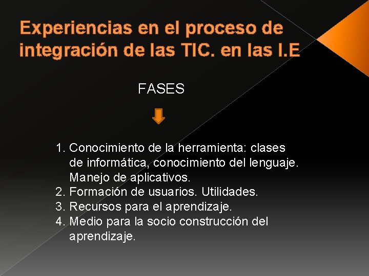 Experiencias en el proceso de integración de las TIC. en las I. E FASES