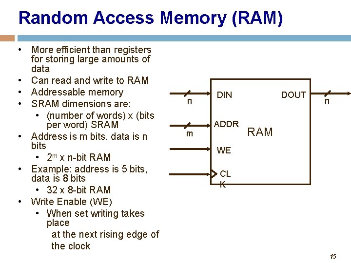 Random Access Memory (RAM) • More efficient than registers for storing large amounts of