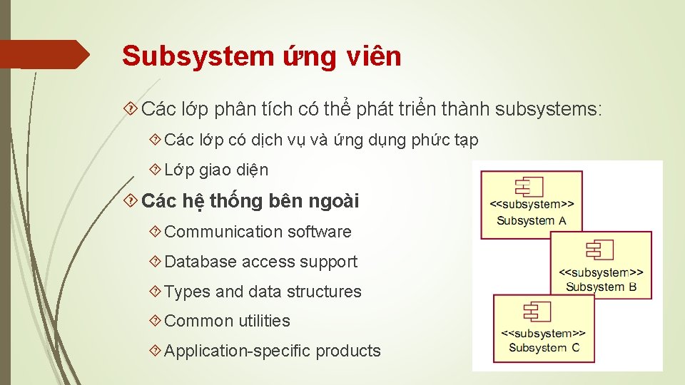 Subsystem ứng viên Các lớp phân tích có thể phát triển thành subsystems: Các