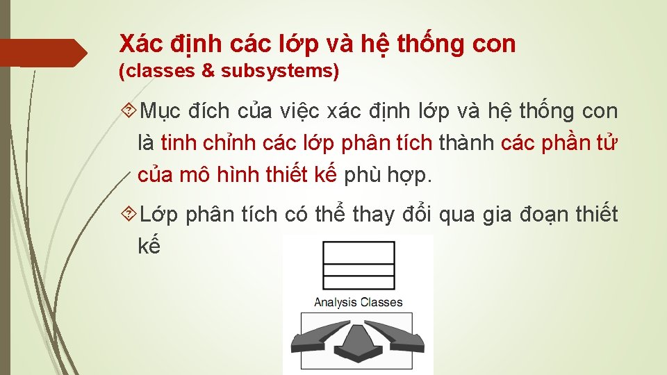 Xác định các lớp và hệ thống con (classes & subsystems) Mục đích của