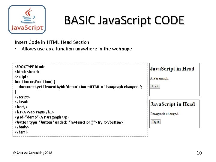 BASIC Java. Script CODE Insert Code in HTML Head Section • Allows use as