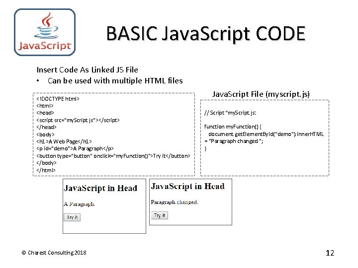 BASIC Java. Script CODE Insert Code As Linked JS File • Can be used