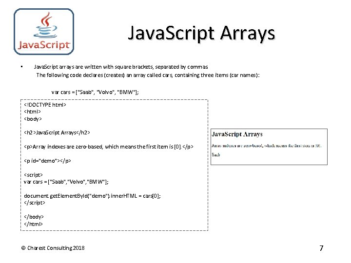 Java. Script Arrays • Java. Script arrays are written with square brackets, separated by