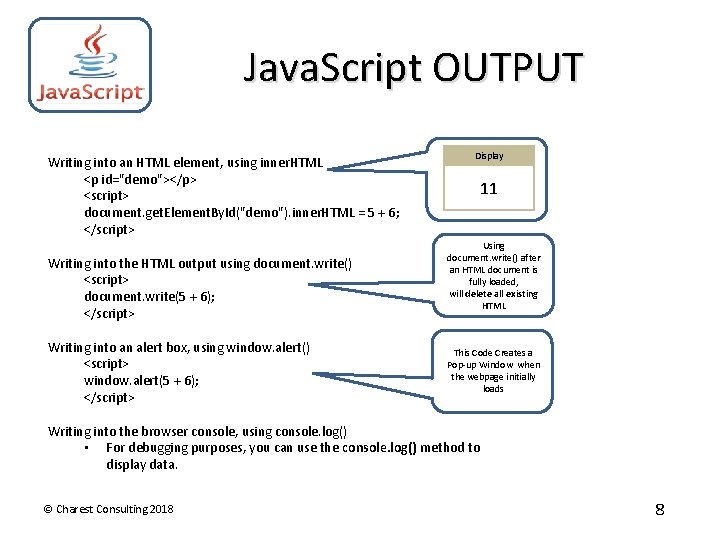 Java. Script OUTPUT Writing into an HTML element, using inner. HTML <p id="demo"></p> <script>