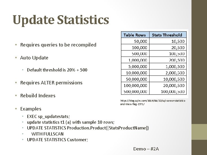 Update Statistics • Requires queries to be recompiled • Auto Update • Default threshold