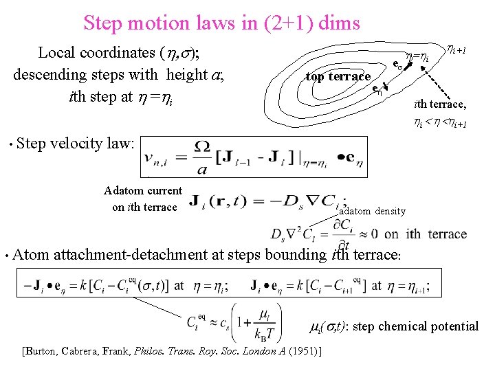 Step motion laws in (2+1) dims Local coordinates (h, s); descending steps with height