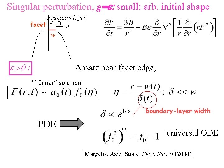Singular perturbation, g=e: small: arb. initial shape facet Boundary layer, F=0 d w e