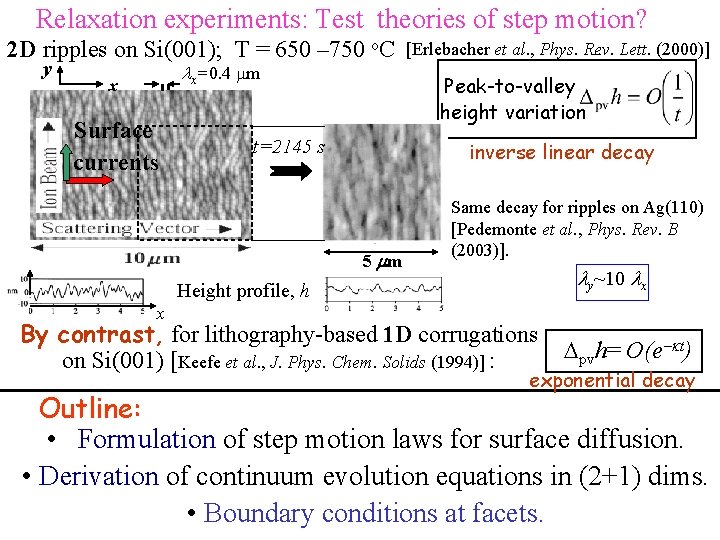 Relaxation experiments: Test theories of step motion? 2 D ripples on Si(001); T =